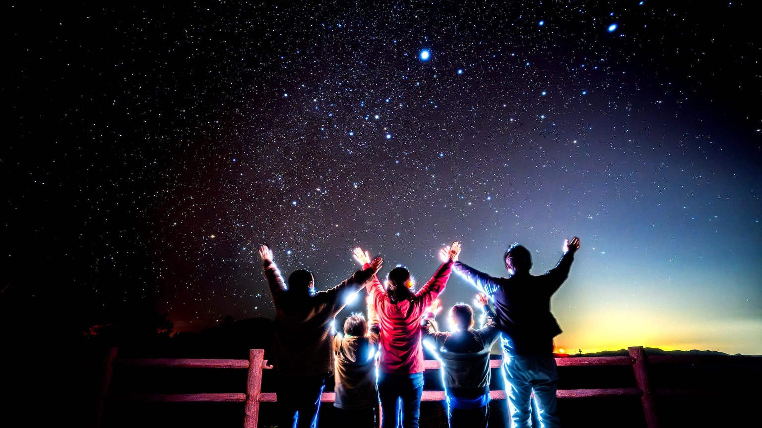 星空を背景に記念写真